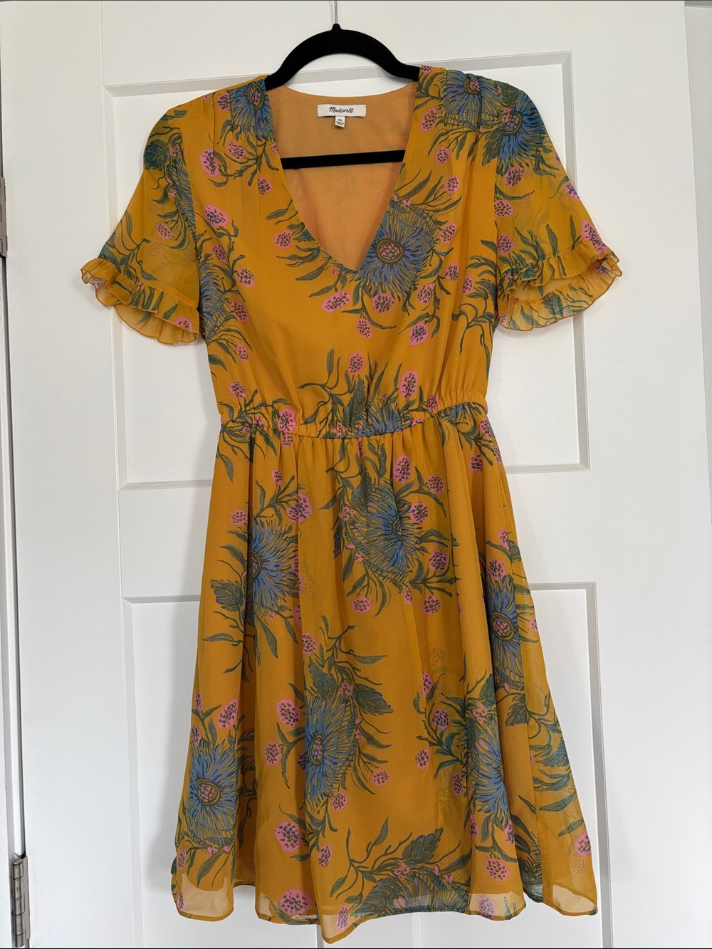 Madewell Mustard Floral V-Neck Mini Dress